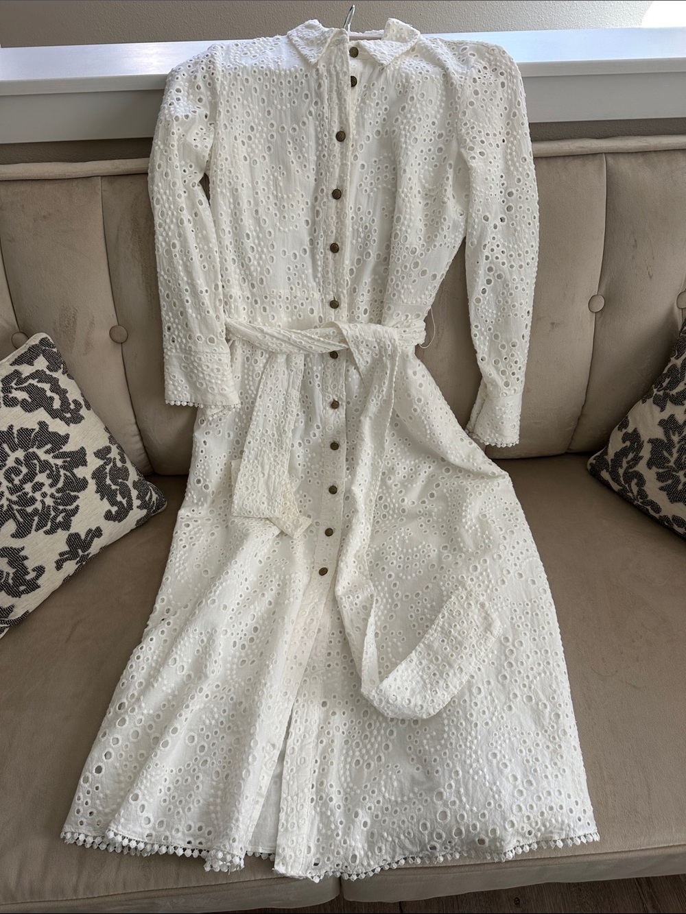 Zara White Eyelet Button-Front Maxi Midi Dress with Tie Waist